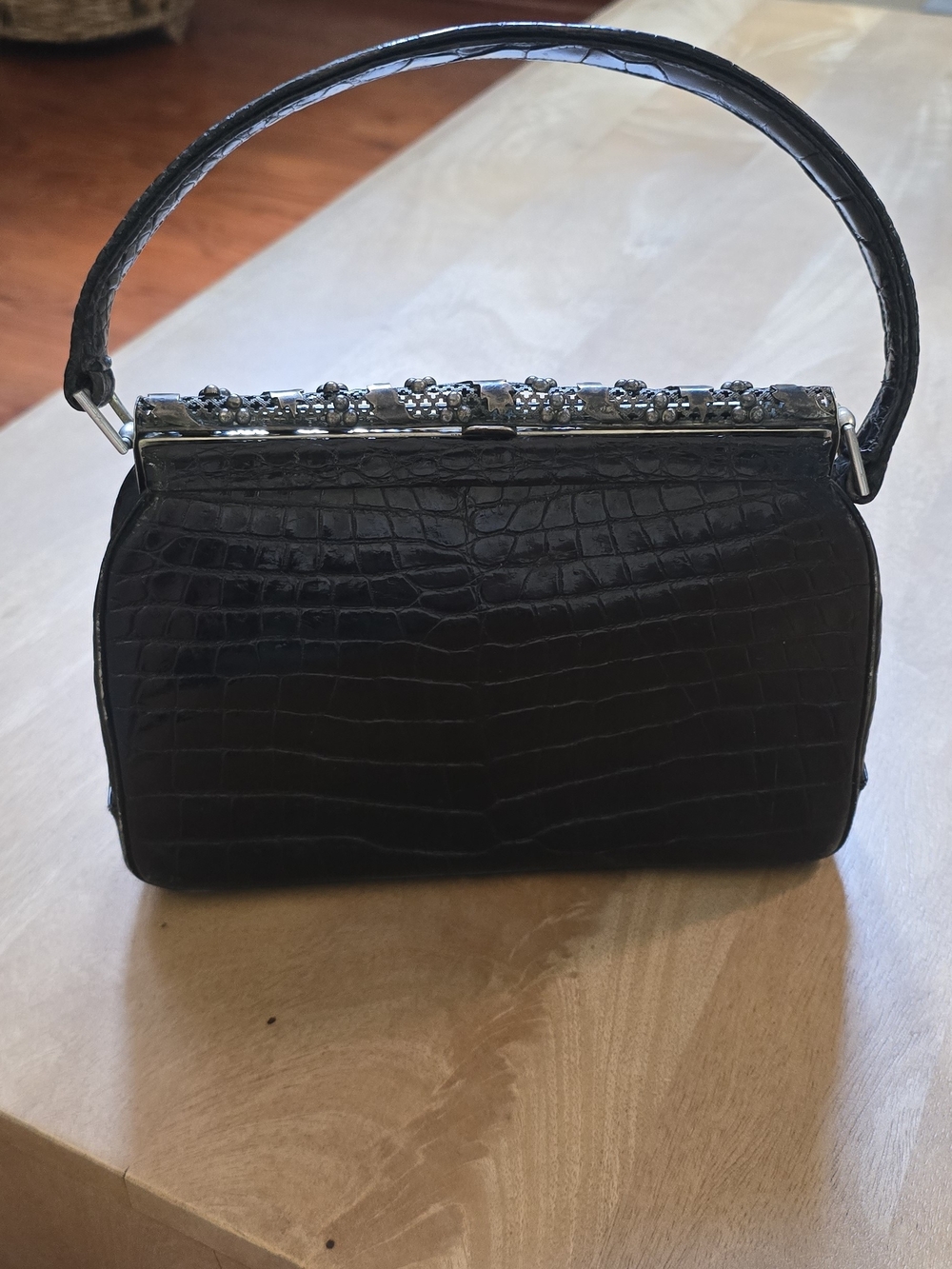 Vintage Genuine Alligator Leather Frame Handbag with Red Interior